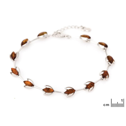 Bracelet with cognac amber navette, in rhodium silver 925, length 17+3 cm