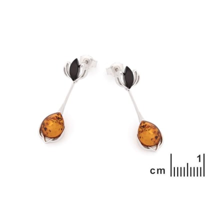 Pendientes con ámbar coñac natural, en plata 925 rodiada