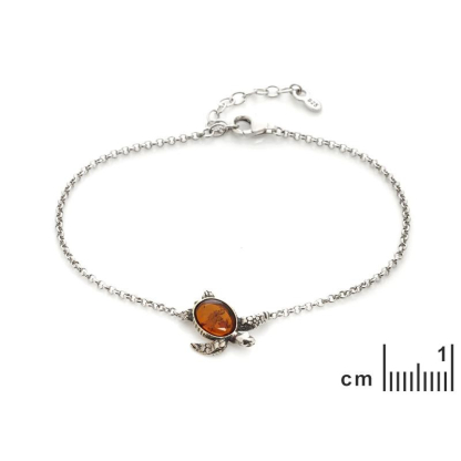 Turtle bracelet with oval cognac amber, in 925 rhodium silver, length 17+3 cm