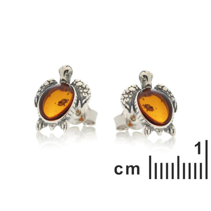 Boucles d'oreilles tortue avec ambre cognac naturel, en argent vieilli 925