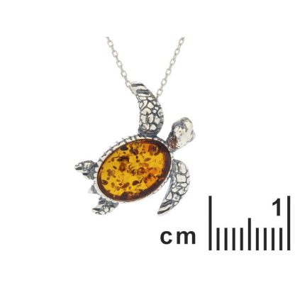 Colgante tortuga con ámbar coñac ovalado, en plata envejecida 925, altura 2 cm