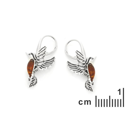 Boucles d'oreilles colibri avec ambre cognac naturel, en argent vieilli 925