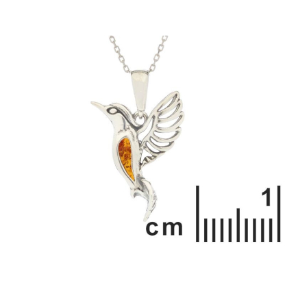 Colgante colibrí con ámbar coñac, en plata 925 rodiada, altura 2,3+1 cm