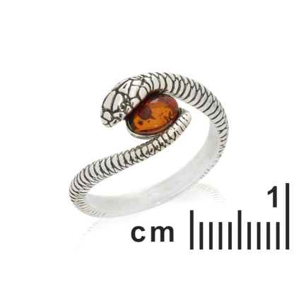 Anillo serpiente con ámbar coñac natural, en plata 925 rodiada