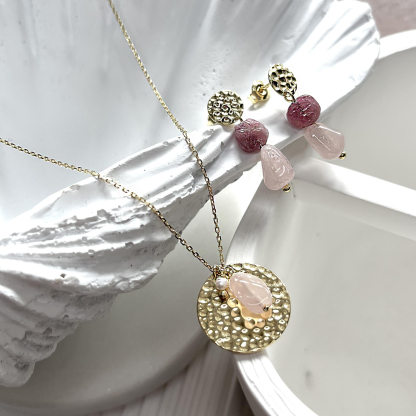 Necklace with rose quartz and pearls, in 925 gold plated silver, length 42 + 3 cm