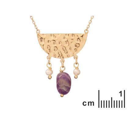 Collier avec améthyste et perles, en argent doré 925, longueur 42 + 3 cm