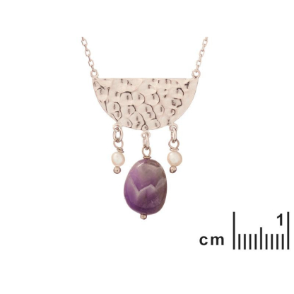 Necklace with amethyst and pearls, in 925 rhodium silver, length 42 + 3 cm