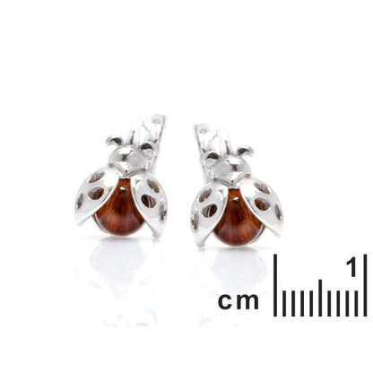 Lieveheersbeestje kinderoorknopjes met cognac amber, in 925 gerhodineerd zilver