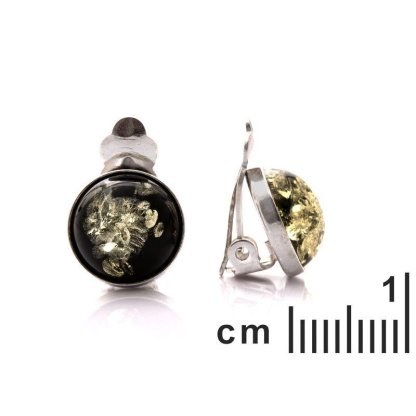 Boucles d'oreilles clip avec ambre vert naturel rond, en argent rhodié 925
