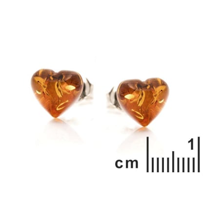 Pendientes de corazón con ámbar coñac natural, en plata 925