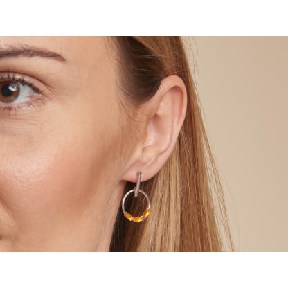 Boucles d'oreilles pendantes ronde avec ambre cognac, en argent rhodié 925