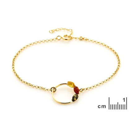 Bracelet avec ambre multicolore navette, en argent doré 925, longueur 16+3 cm