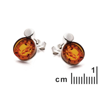 Orecchini a bottone con ambra naturale cognac, in argento 925 rodiato