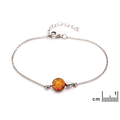 Bracciale con ambra tonda cognac, in argento 925 rodiato, lunghezza 17+ 3 cm