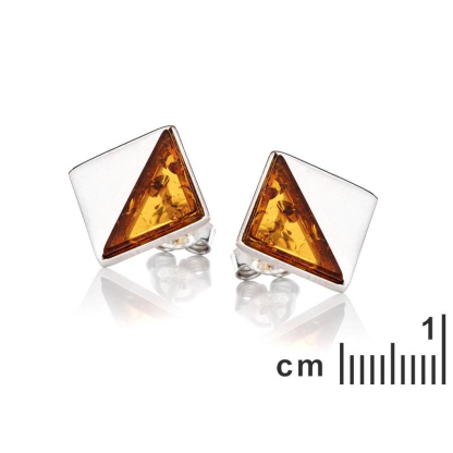 Square stud earrings with natural cognac amber triangle, in 925 rhodium silver