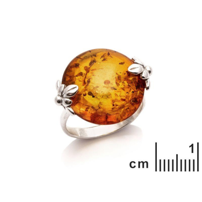 Bague grande pierre ronde avec ambre cognac rond, en argent rhodié 925