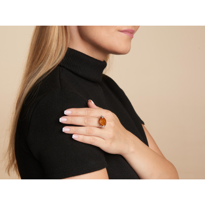 Bague grande pierre ronde avec ambre cognac rond, en argent rhodié 925