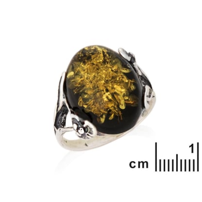 Bague grande pierre avec ambre vert naturel ovale, en argent vieilli 925