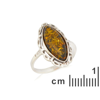 Bague grande pierre avec ambre vert naturel navette, en argent vieilli 925