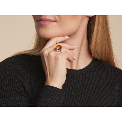 Large stone ring with natural oval cognac amber, in aged 925 silver