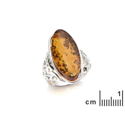 Großer Steinring mit ovalem Natur-Cognac-Bernstein, aus rhodiniertem Silber 925