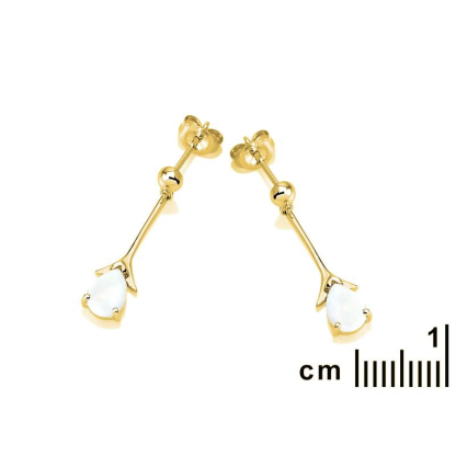 Brincos pendentes com opala branca oval, em prata dourado 925
