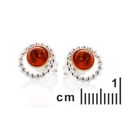 Orecchini a bottone con ambra naturale cognac, argento rodiato