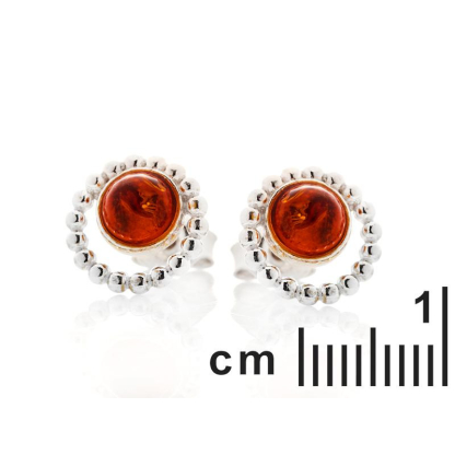 Stud earrings with natural cognac amber, rhodium-plated silver