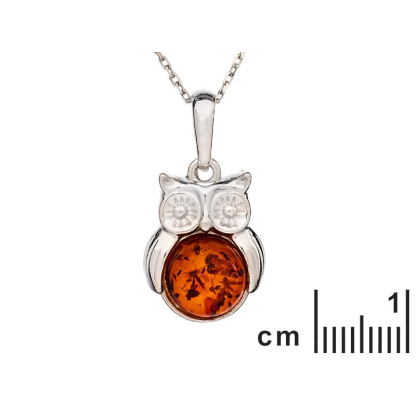 Uilenhanger met ronde natuurlijke cognac-amber, in gerhodineerd zilver 925