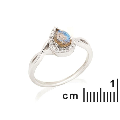 Drop ring with labradorite and zirconium oxide, in rhodium-plated silver 925