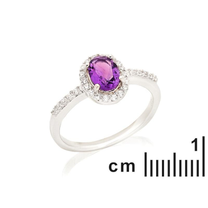 Oval ring with amethyst and zirconium oxide, in rhodium-plated silver 925