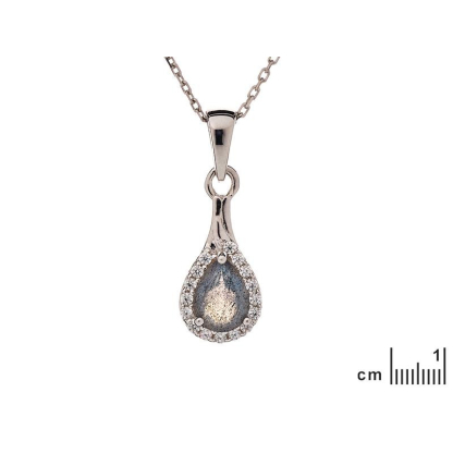 Drop pendant with labradorite and zirconium oxide, in rhodium-plated silver 925