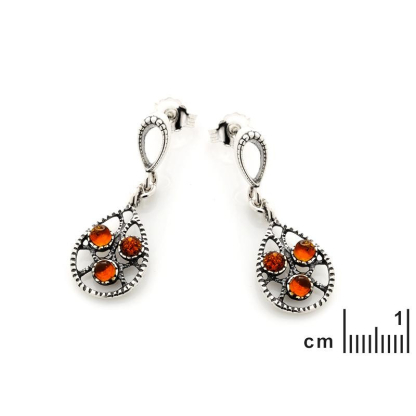 Brincos pendentes redondos com âmbar conhaque natural, prata envelhecida 925