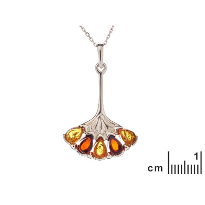 Fan pendant with natural multi-colored amber drop, in 925 rhodium silver