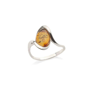 Bague avec ambre cognac naturel de la mer Baltique ovale, en argent rhodié 925
