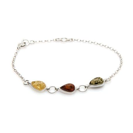 Bracelet avec ambre multicolore goutte, en argent rhodié 925, longueur 16+3 cm
