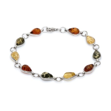 Pulsera con gota de ámbar multicolor, en plata 925 rodiada, longitud 18 cm