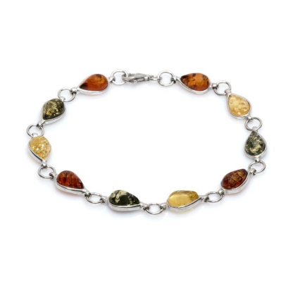 Bracciale con goccia di ambra multicolore, in argento 925 rodiato, lunghezza 18 cm