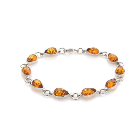 Pulsera con gota de ámbar coñac, en plata 925 rodiada, longitud 18 cm