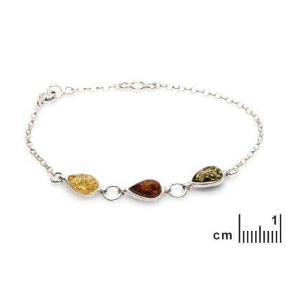 Bracelet avec ambre multicolore goutte, en argent rhodié 925, longueur 16+3 cm