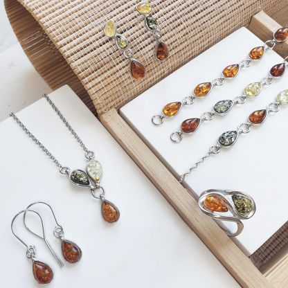 Bracelet avec ambre multicolore goutte, en argent rhodié 925, longueur 16+3 cm