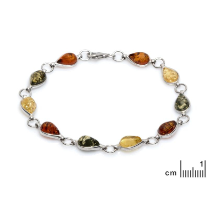 Bracciale con goccia di ambra multicolore, in argento 925 rodiato, lunghezza 18 cm