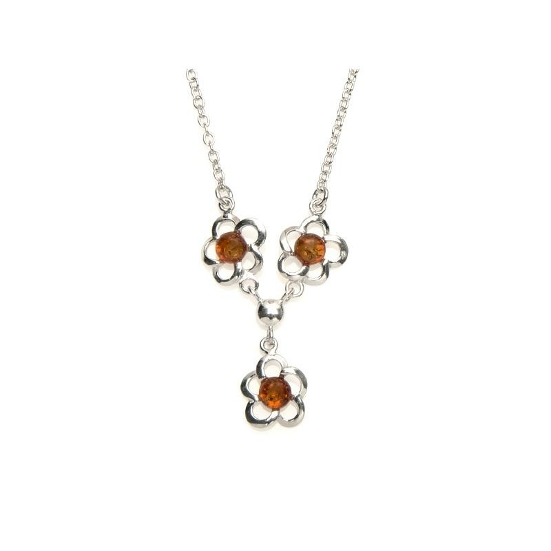 Necklace with cognac amber, in 925 rhodium-plated silver, length 43 + 4 cm