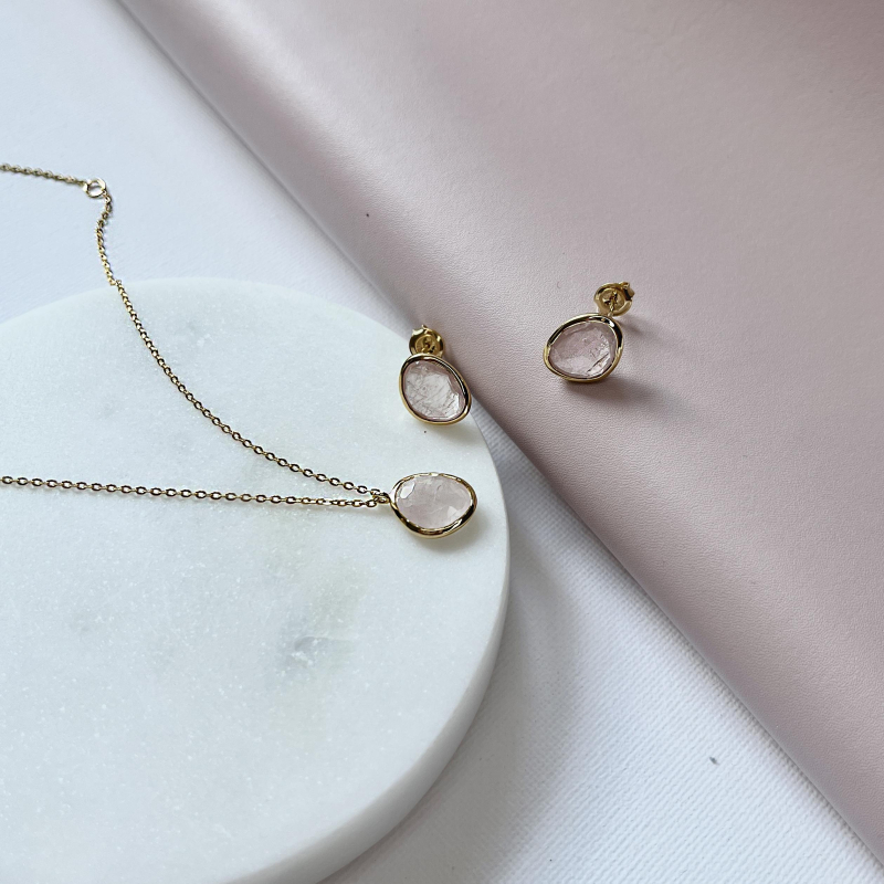 Collier avec quartz rose naturel, en argent doré 925, longueur 42 + 3 cm