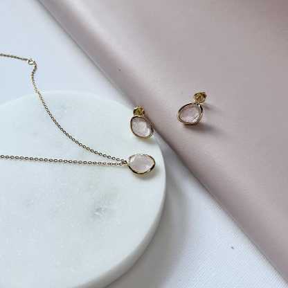 Collier avec quartz rose naturel, en argent doré 925, longueur 42 + 3 cm