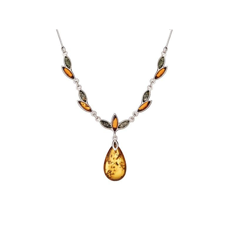 Collier avec ambre multicolore goutte, en argent rhodié 925, longueur 45 + cm