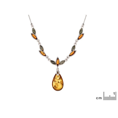 Collier avec ambre multicolore goutte, en argent rhodié 925, longueur 45 + cm