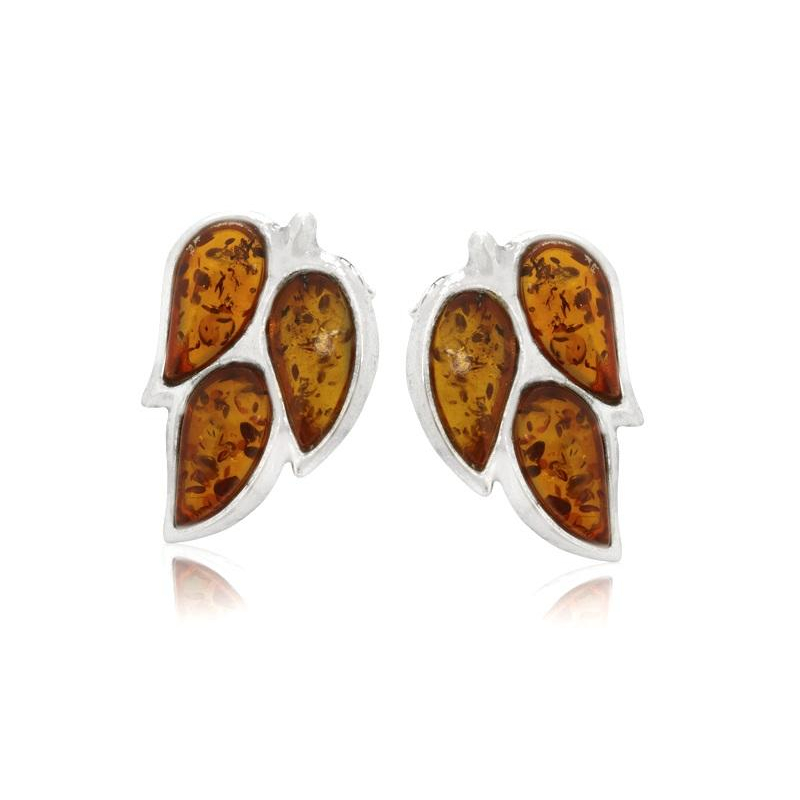 Earrings with natural cognac amber, in 925 rhodium silver