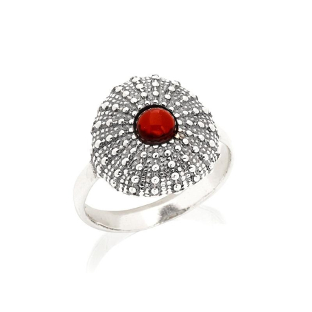 Ring with natural cognac amber from the Baltic Sea round, in aged silver 925