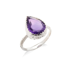 Doğal mor ametist taşlı, 925 rodyum kaplama gümüş yüzük